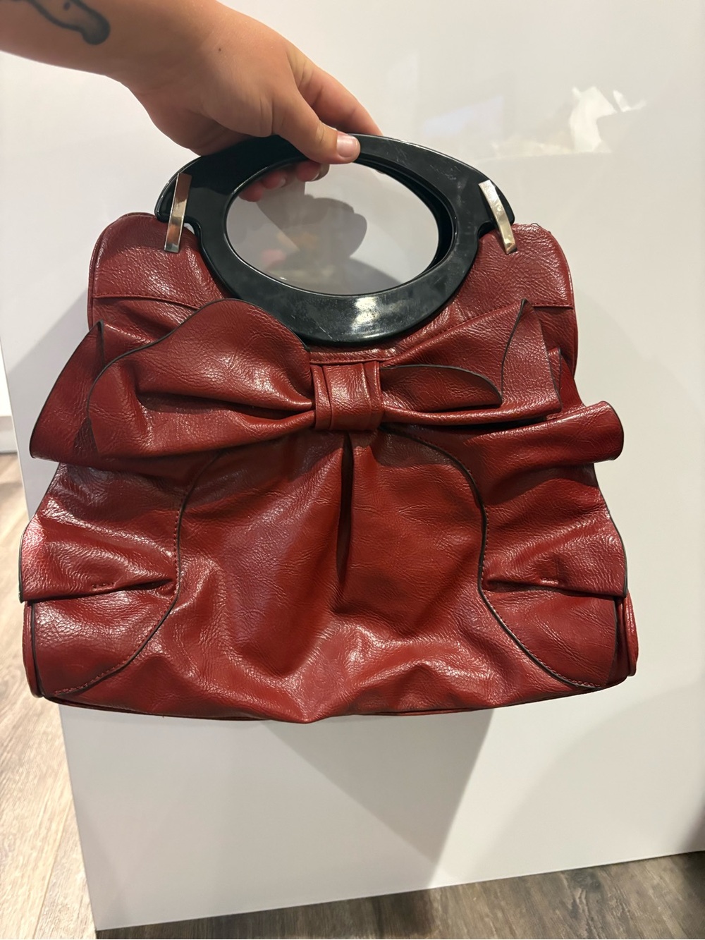 Bow-Accent Red Satchel with Oval Top Handle